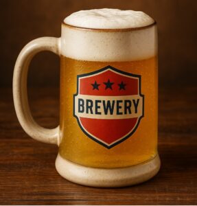 custom beer mugs filled with golden beer on a rustic wooden table, perfect for brewery branding campaigns