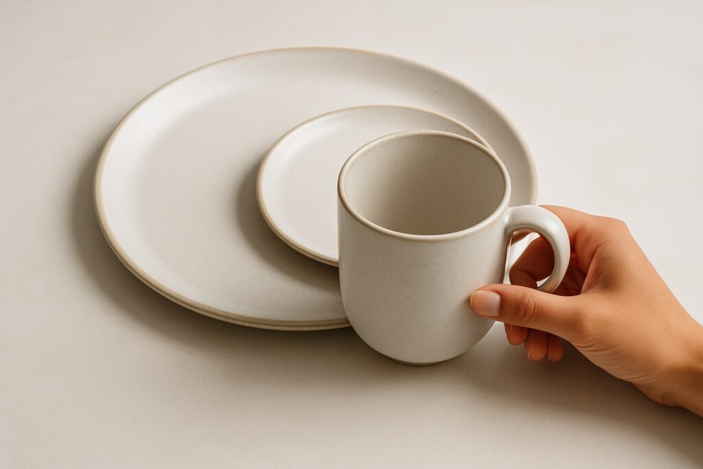 Ceramic FAQ Minimalist speckled ceramic tableware set with a hand holding a mug, styled on a neutral background