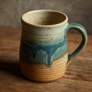 handmade ceramic mugs with rustic glaze on wooden table, ideal for eco-friendly branding