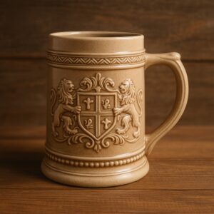 traditional ceramic stein mugs with heraldic lion relief design on rustic wooden surfac